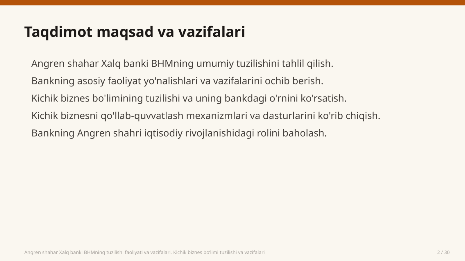 Angren shahar Xalq banki BHMning tuzilishi faoliyati va vazifalari. Kichik biznes bo‘limi tuzilishi va vazifalari — Slayd 2