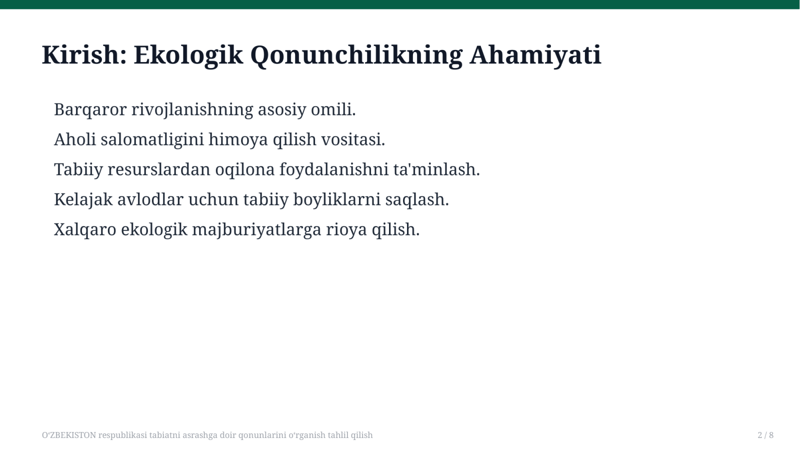 OʻZBEKISTON respublikasi tabiatni asrashga doir qonunlarini oʻrganish tahlil qilish — Slayd 2