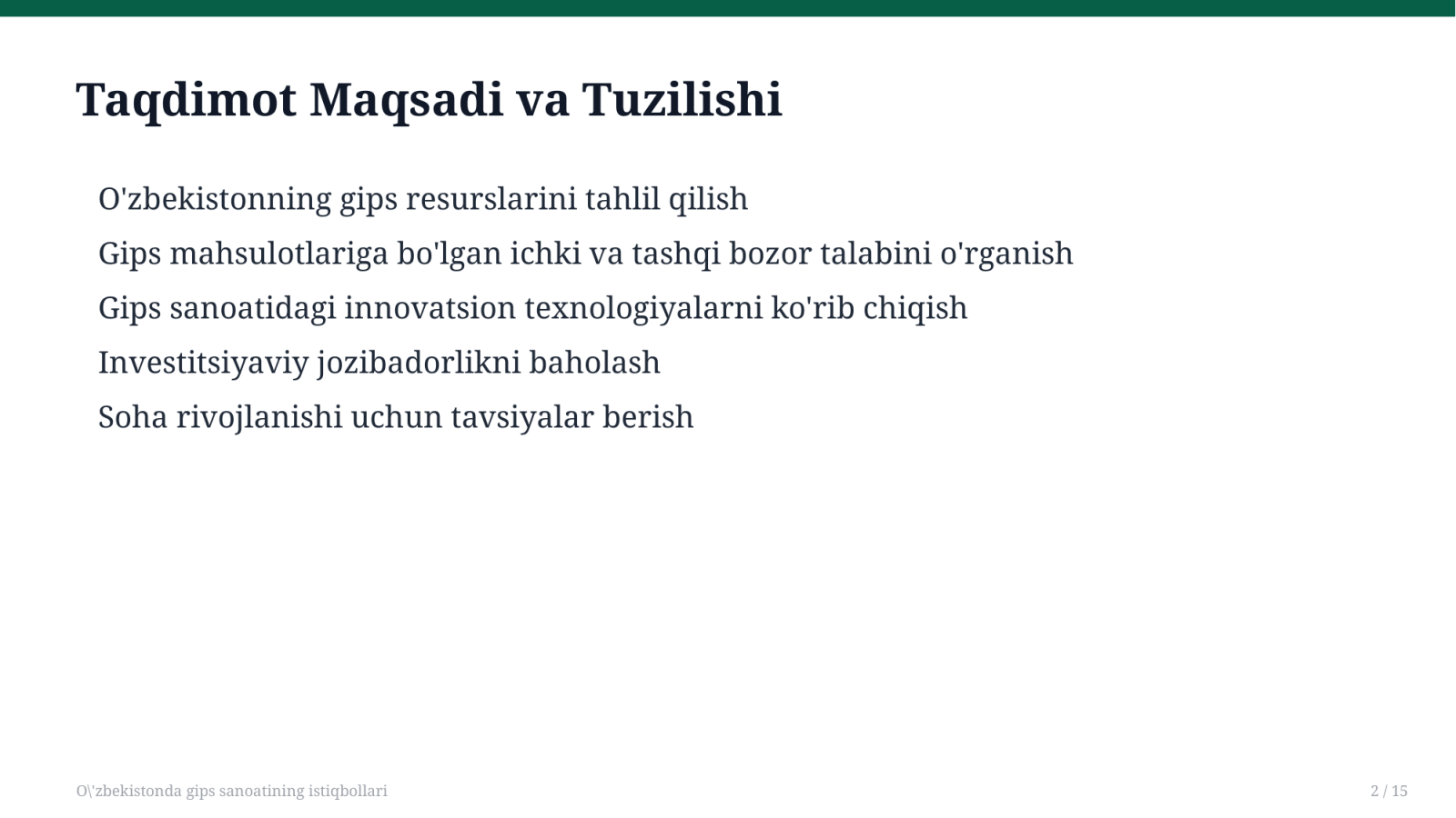 O'zbekistonda gips sanoatining istiqbollari — Slayd 2