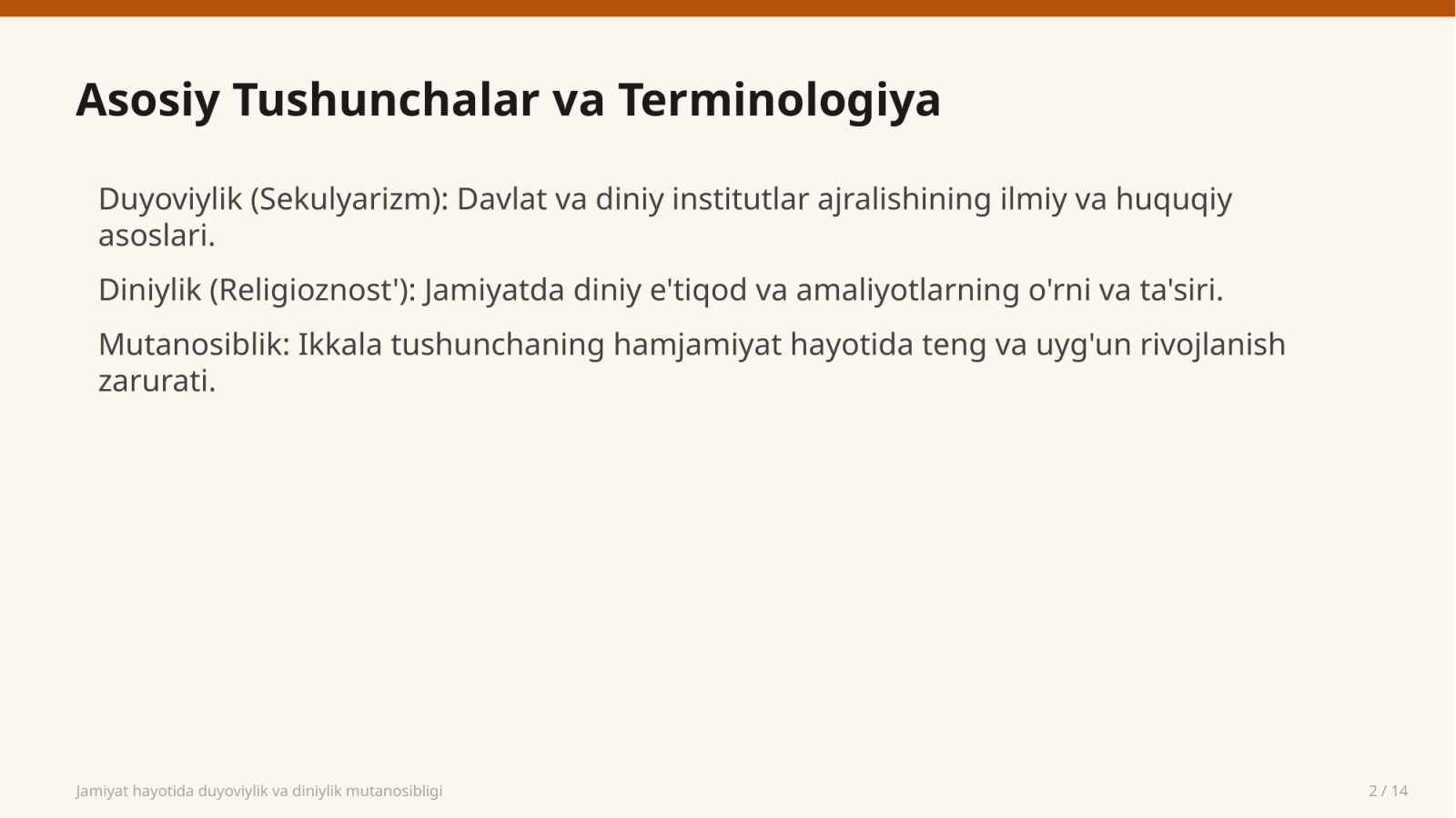 Jamiyat hayotida duyoviylik va diniylik mutanosibligi — Slayd 2