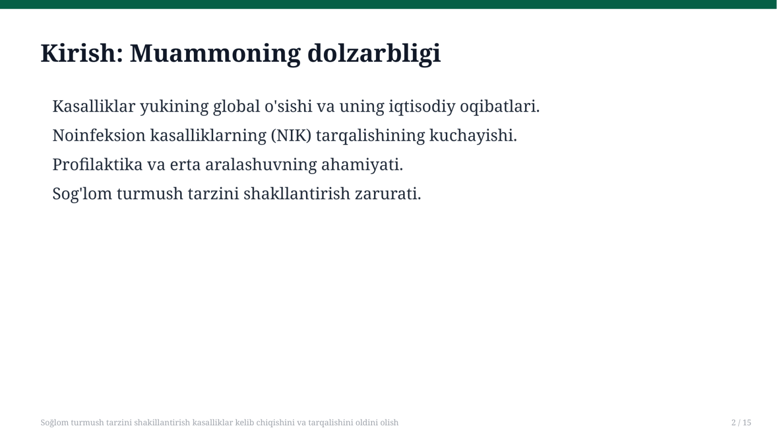 Soğlom turmush tarzini shakillantirish kasalliklar kelib chiqishini va tarqalishini oldini olish — Slayd 2