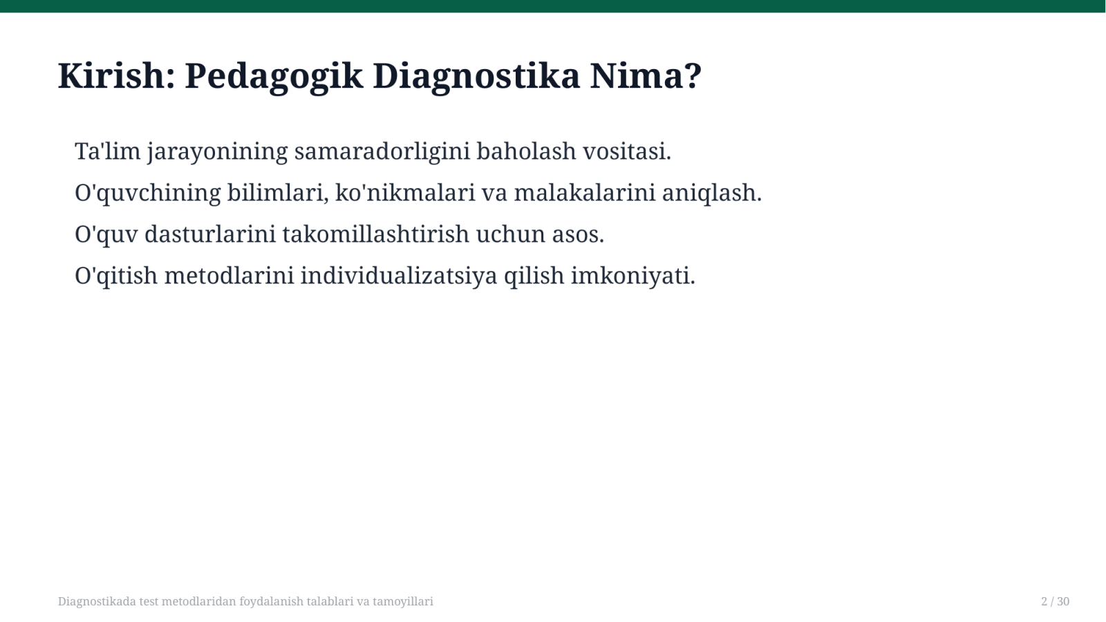 Diagnostikada test metodlaridan foydalanish talablari va tamoyillari — Slayd 2