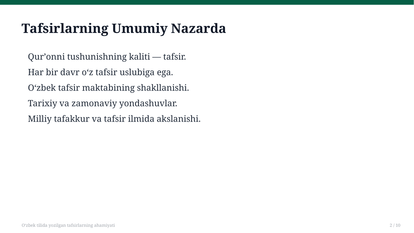 Oʻzbek tilida yozilgan tafsirlarning ahamiyati — Slayd 2