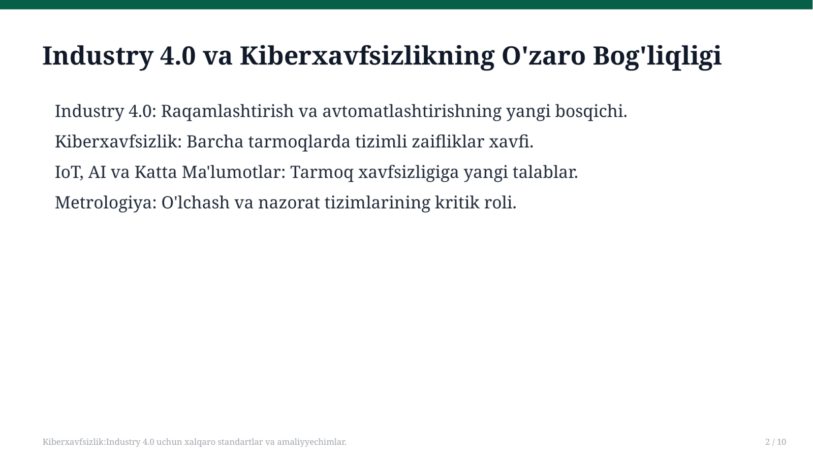 Kiberxavfsizlik:Industry 4.0 uchun xalqaro standartlar va amaliyyechimlar. — Slayd 2