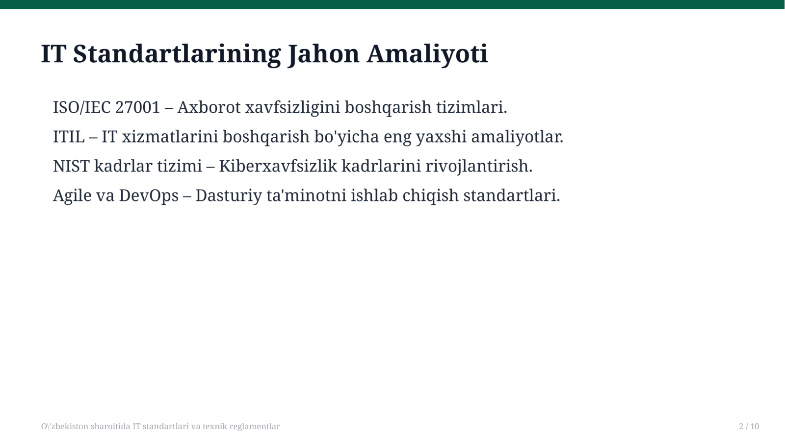 O'zbekiston sharoitida IT standartlari va texnik reglamentlar — Slayd 2