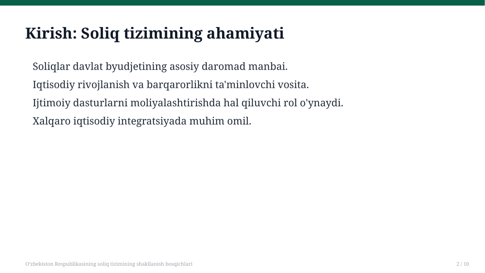 O‘zbekiston Respublikasining soliq tizimining shakllanish bosqichlari — Slayd 2