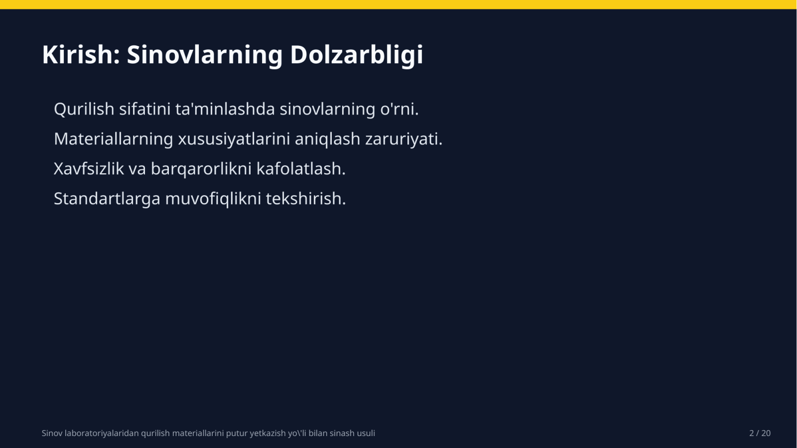 Sinov laboratoriyalaridan qurilish materiallarini putur yetkazish yo'li bilan sinash usuli — Slayd 2