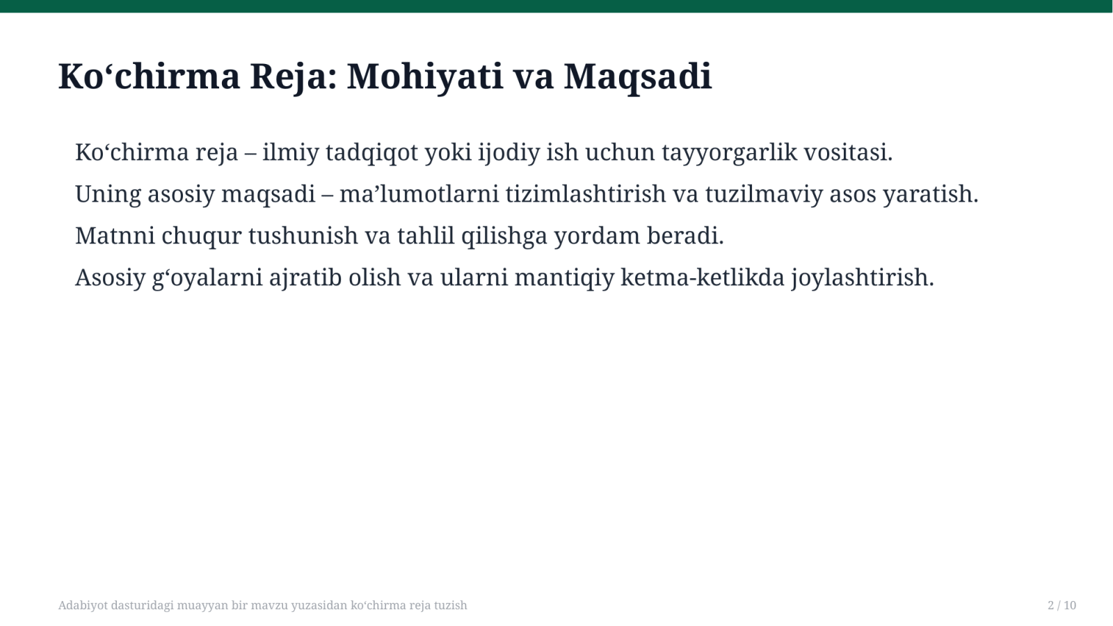 Adabiyot dasturidagi muayyan bir mavzu yuzasidan koʻchirma reja tuzish — Slayd 2