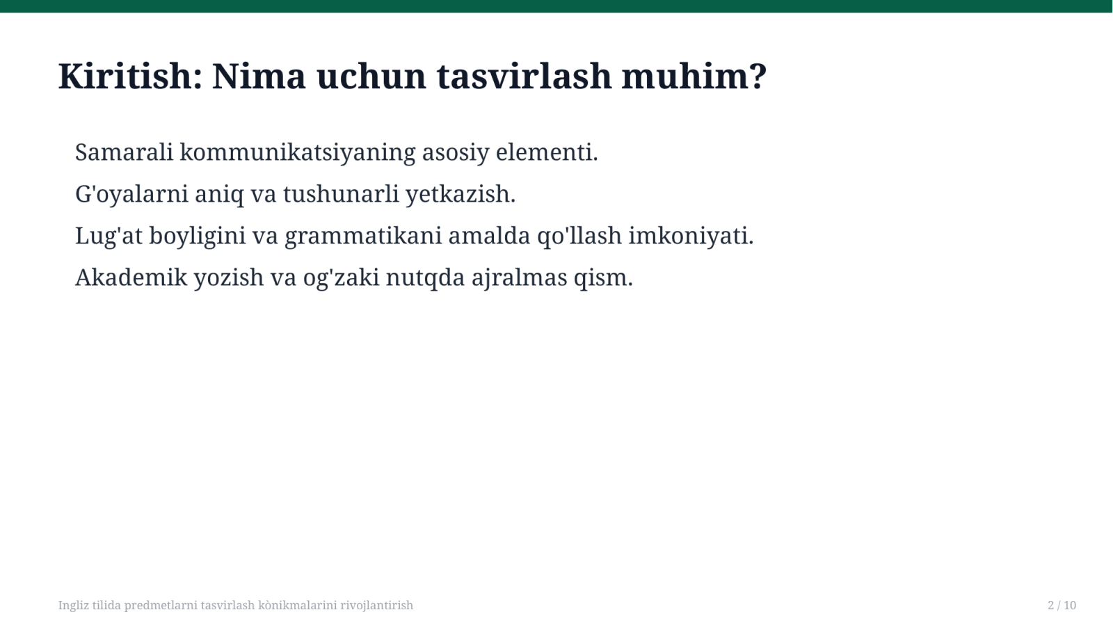 Ingliz tilida predmetlarni tasvirlash kònikmalarini rivojlantirish — Slayd 2