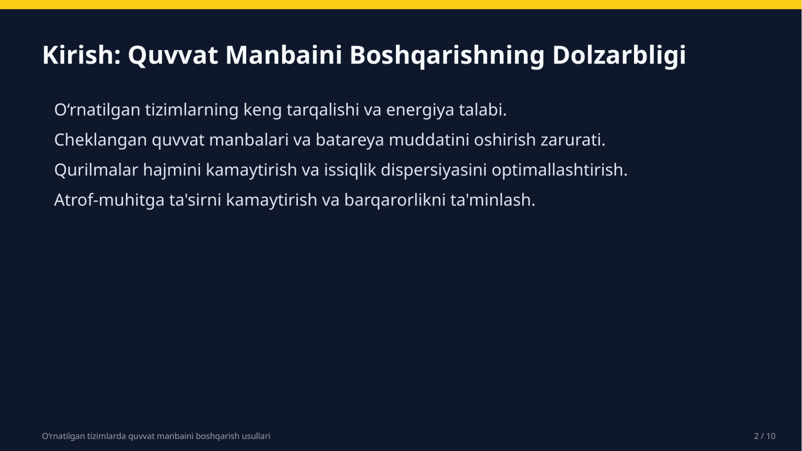 O‘rnatilgan tizimlarda quvvat manbaini boshqarish usullari — Slayd 2