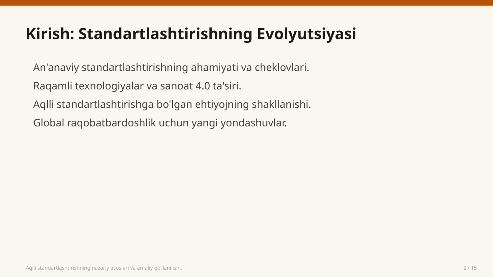 Aqlli standartlashtirishning nazariy asoslari va amaliy qo‘llanilishi. — Slayd 2