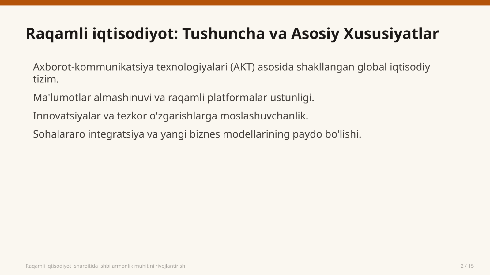 Raqamli iqtisodiyot  sharoitida ishbilarmonlik muhitini rivojlantirish — Slayd 2