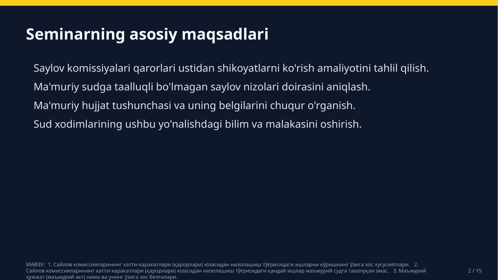МАВЗУ:  1. Сайлов комиссияларининг хатти-харакатлари (қарорлари) юзасидан низолашиш тўғрисидаги ишларни кўришнинг ўзига хос хусусиятлари.   2. Сайлов комиссияларининг хатти-харакатлари (қарорлари) юзасидан низолашиш тўғрисидаги қандай ишлар маъмурий судга тааллуқли эмас.   3. Маъмурий ҳужжат (маъмурий акт) нима ва унинг ўзига хос белгилари. — Slayd 2