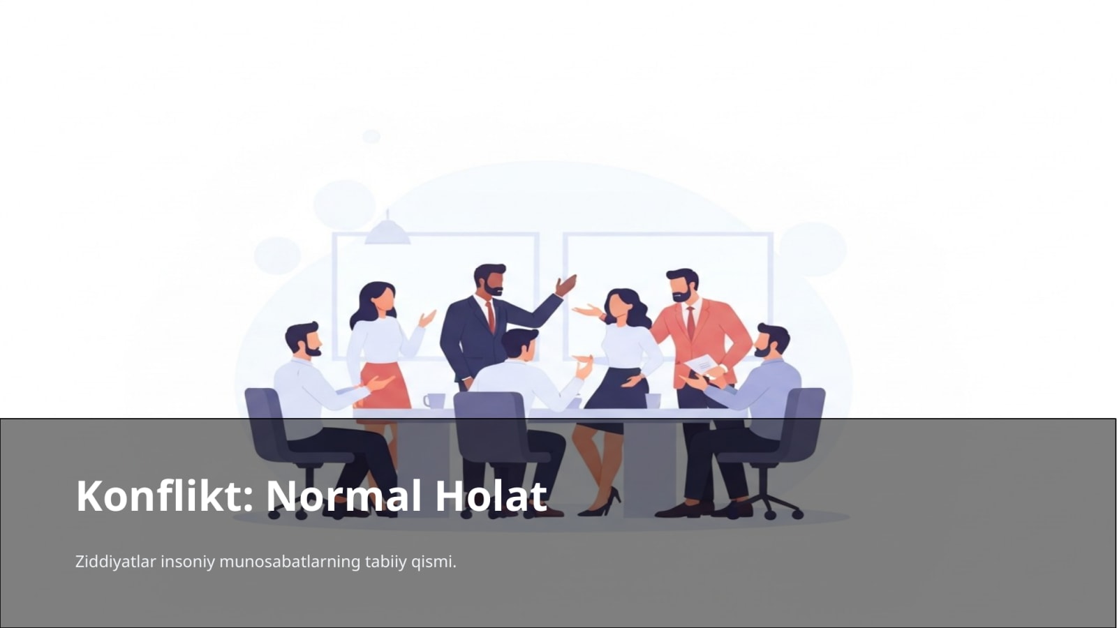 14-Dars: Konfliktlarni boshqarish (Win-Win). ● Aynan nima g'oya yetkaziladi: "Ziddiyatlar (konfliktlar) doim bo'ladi va bu normal holat. Ularni janjal yoki birovni sindirish orqali emas, ikkala tomon ham yutadigan (murosa) yechimlar orqali hal qilishni o'rgan. — Slayd 2