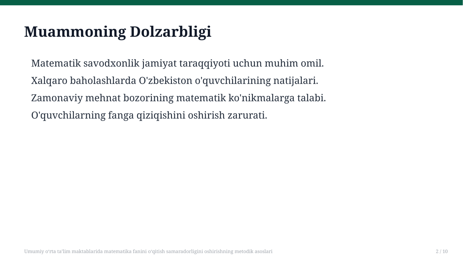 Umumiy oʻrta taʼlim maktablarida matematika fanini oʻqitish samaradorligini oshirishning metodik asoslari — Slayd 2