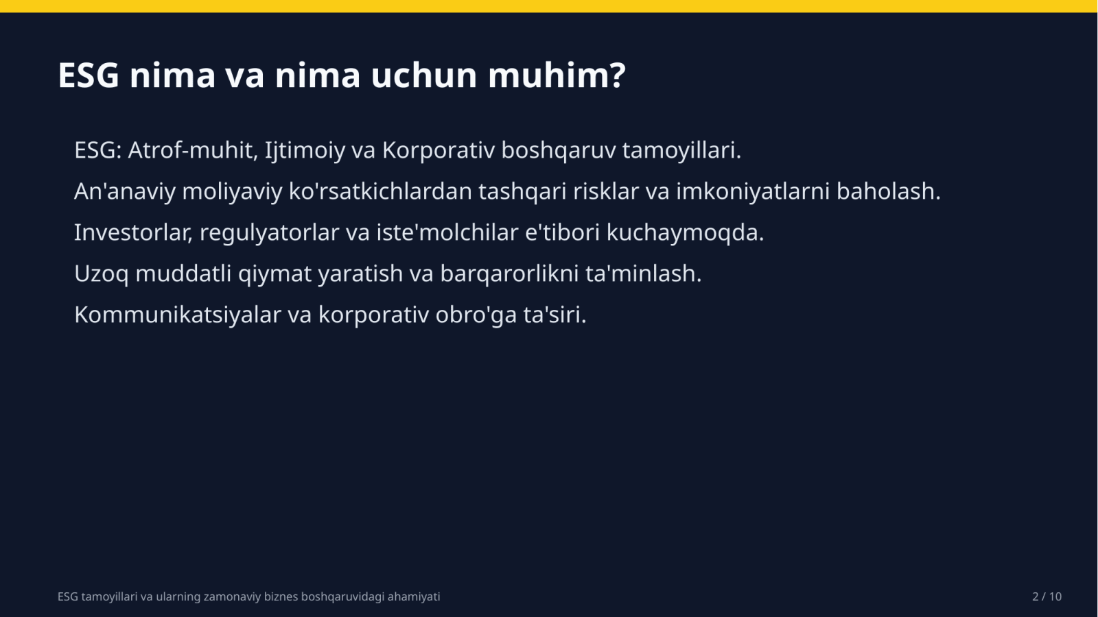 ESG tamoyillari va ularning zamonaviy biznes boshqaruvidagi ahamiyati — Slayd 2