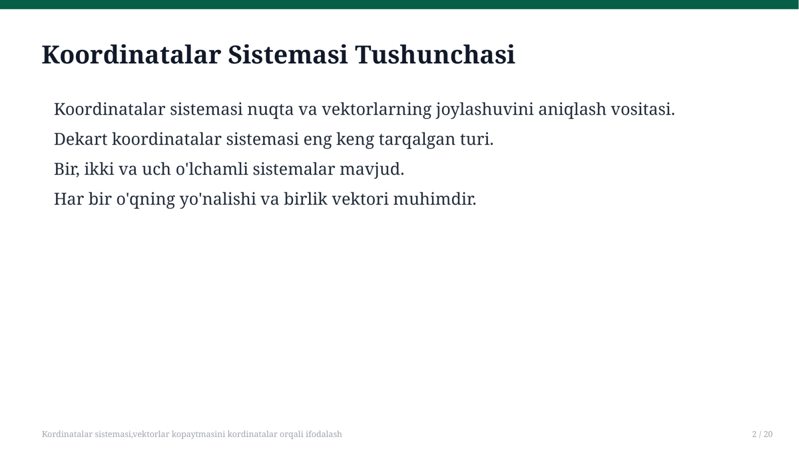 Kordinatalar sistemasi,vektorlar kopaytmasini kordinatalar orqali ifodalash — Slayd 2