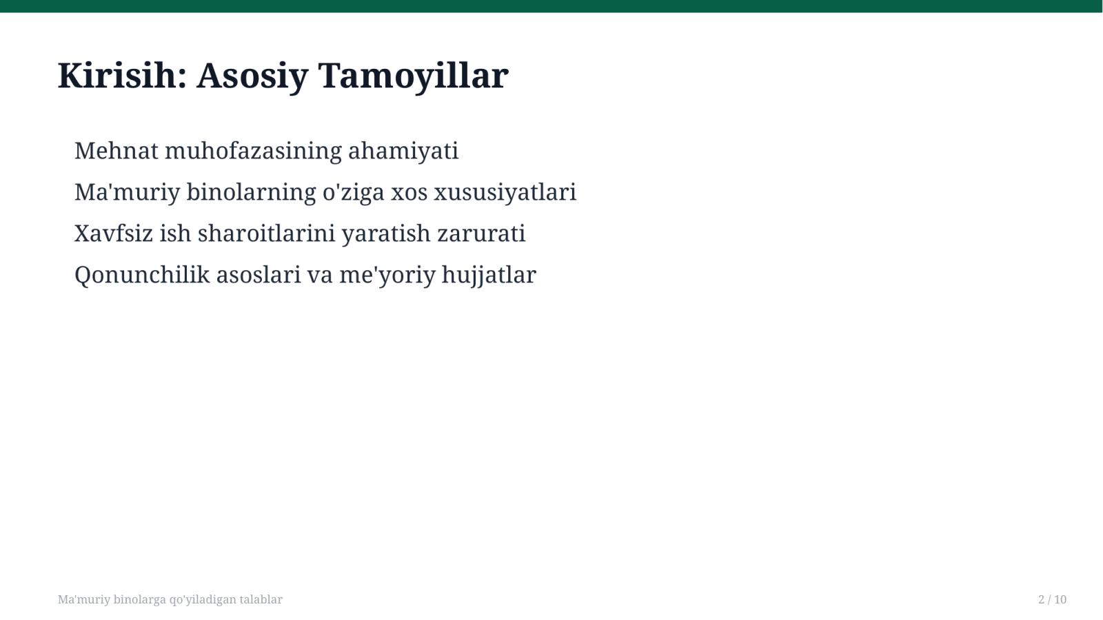Ma'muriy binolarga qo'yiladigan talablar — Slayd 2