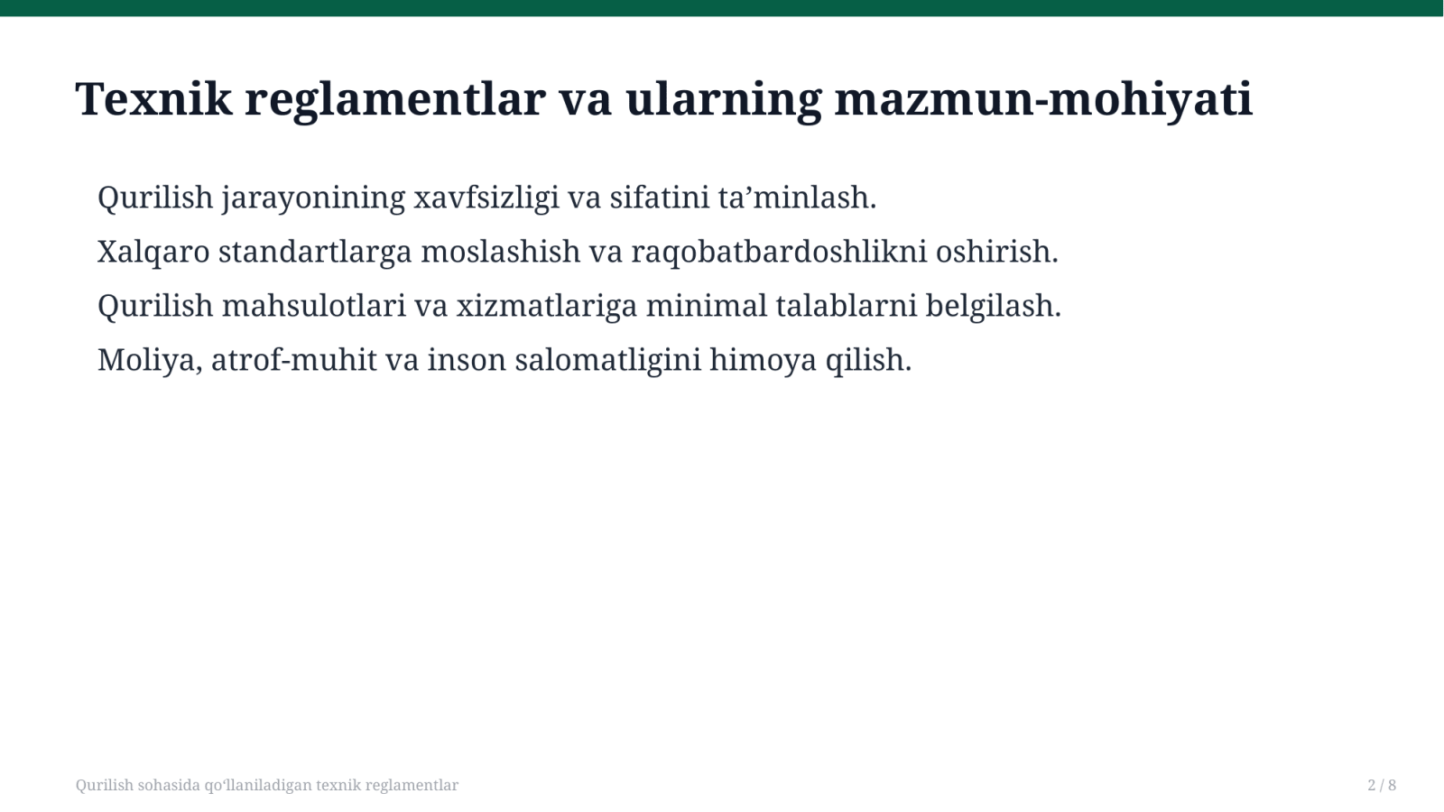Qurilish sohasida qo‘llaniladigan texnik reglamentlar — Slayd 2