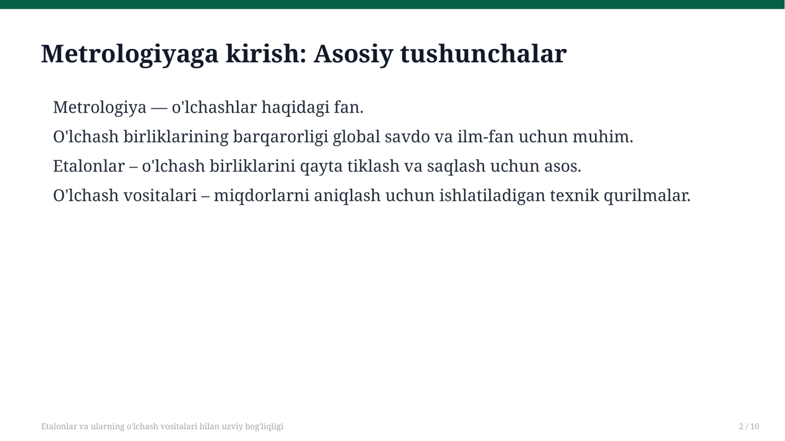 Etalonlar va ularning o'lchash vositalari bilan uzviy bog'liqligi — Slayd 2
