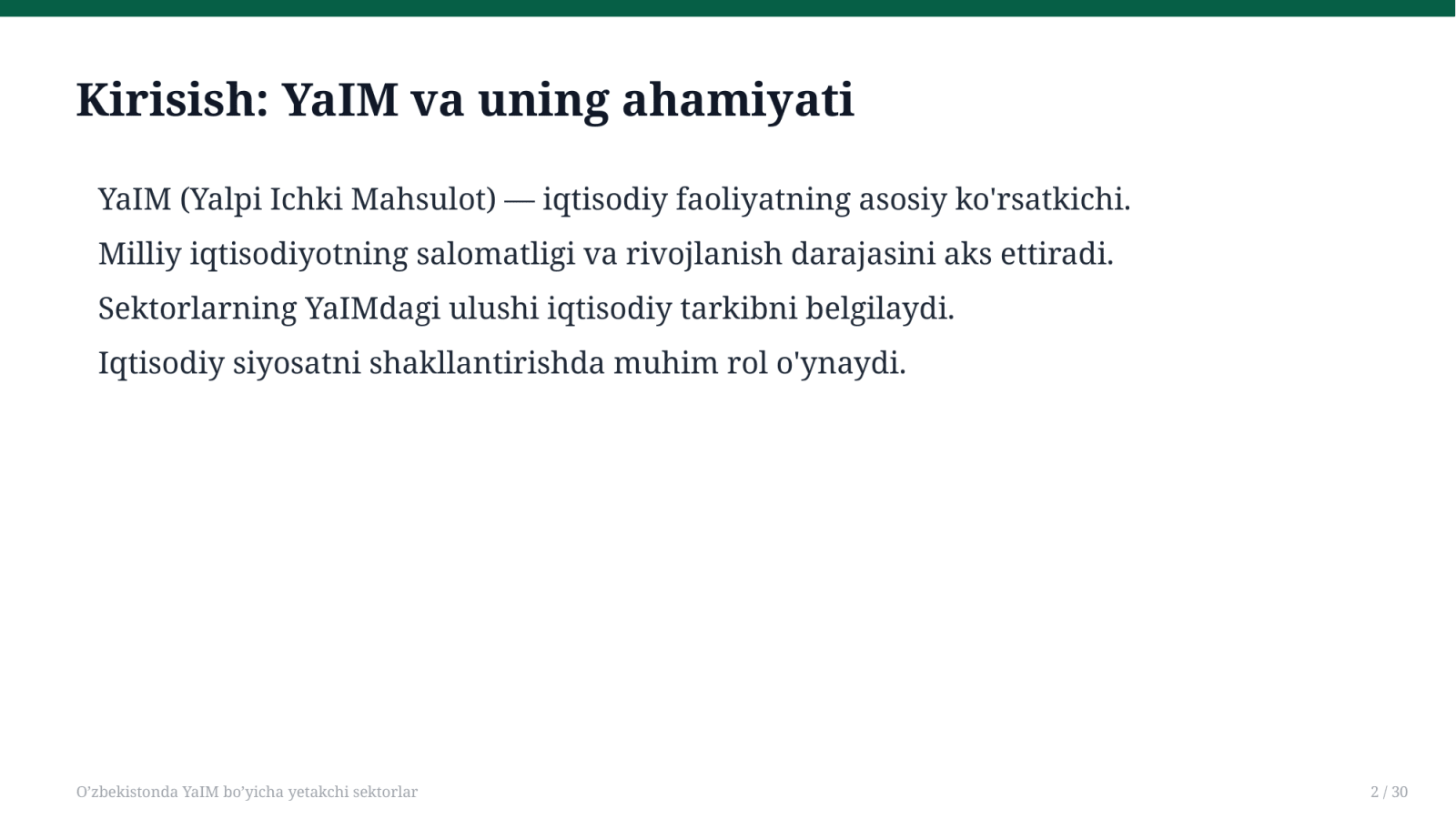 O’zbekistonda YaIM bo’yicha yetakchi sektorlar — Slayd 2