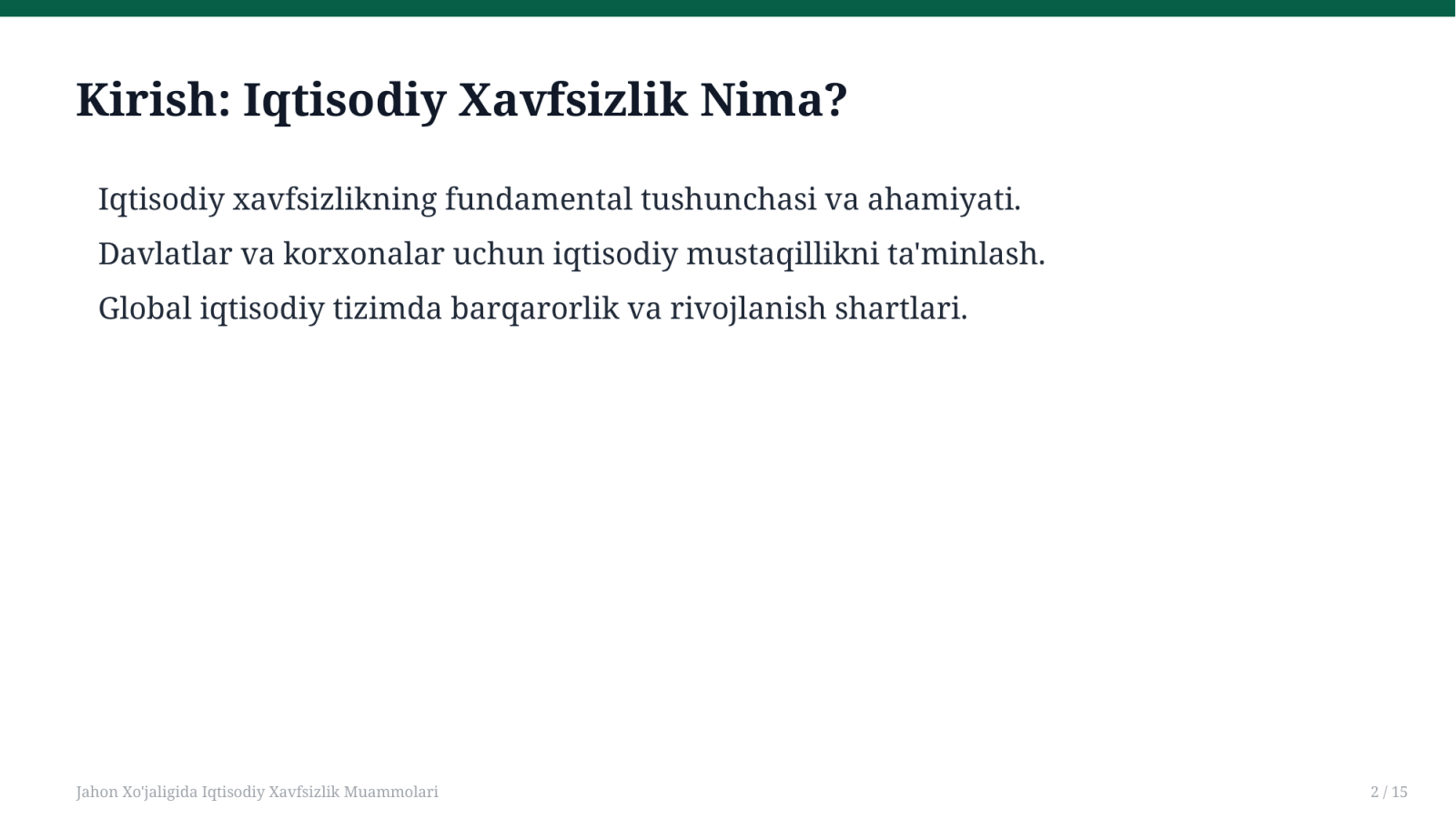 Jahon Xo'jaligida Iqtisodiy Xavfsizlik Muammolari — Slayd 2