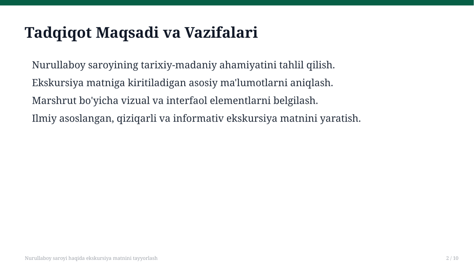 Nurullaboy saroyi haqida ekskursiya matnini tayyorlash — Slayd 2
