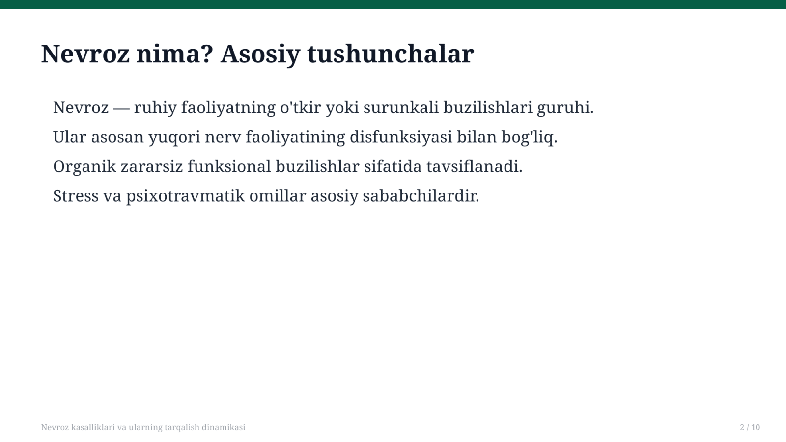 Nevroz kasalliklari va ularning tarqalish dinamikasi — Slayd 2