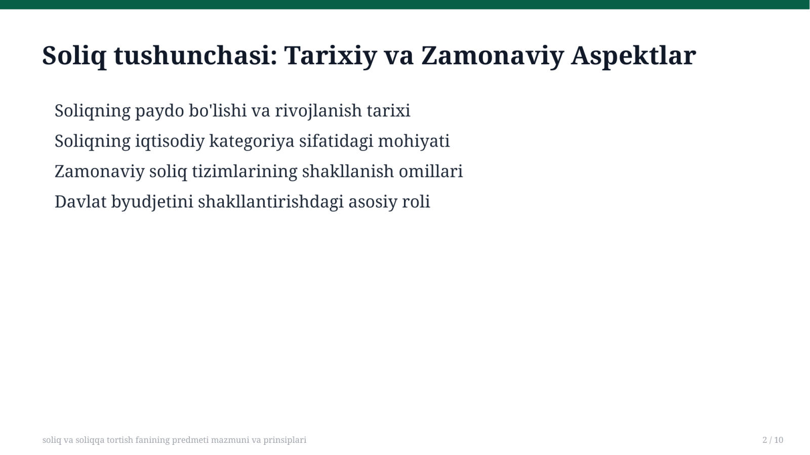 soliq va soliqqa tortish fanining predmeti mazmuni va prinsiplari — Slayd 2