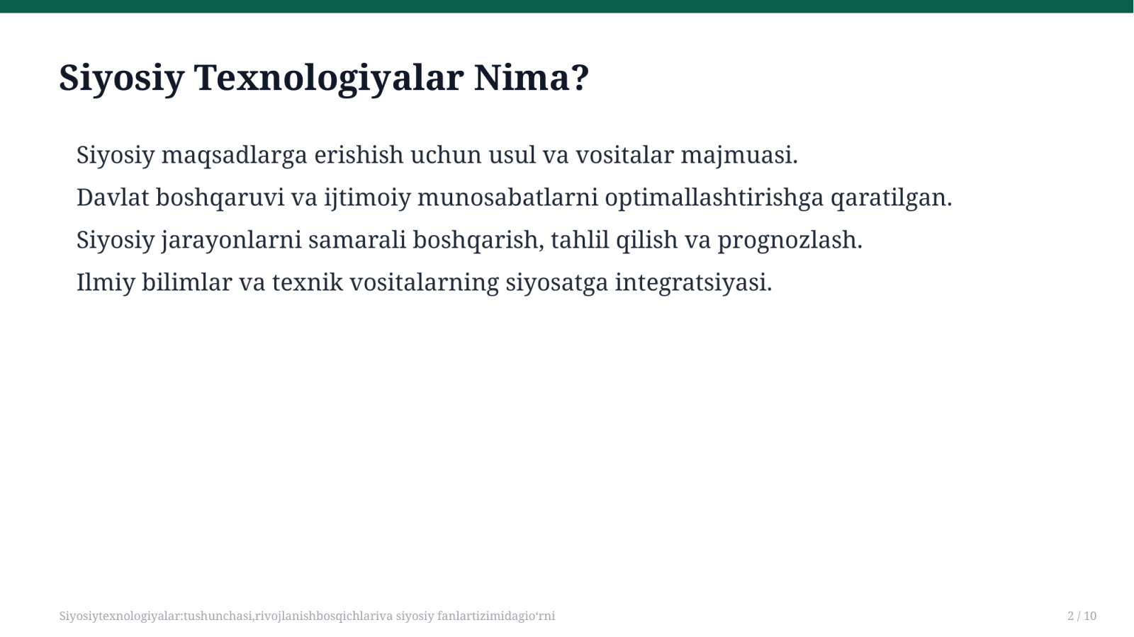 Siyosiytexnologiyalar:tushunchasi,rivojlanishbosqichlariva siyosiy fanlartizimidagio‘rni — Slayd 2