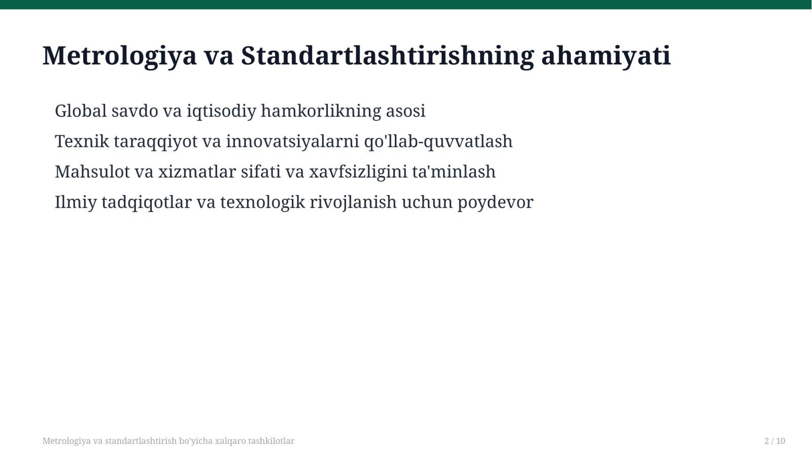 Metrologiya va standartlashtirish bo'yicha xalqaro tashkilotlar — Slayd 2