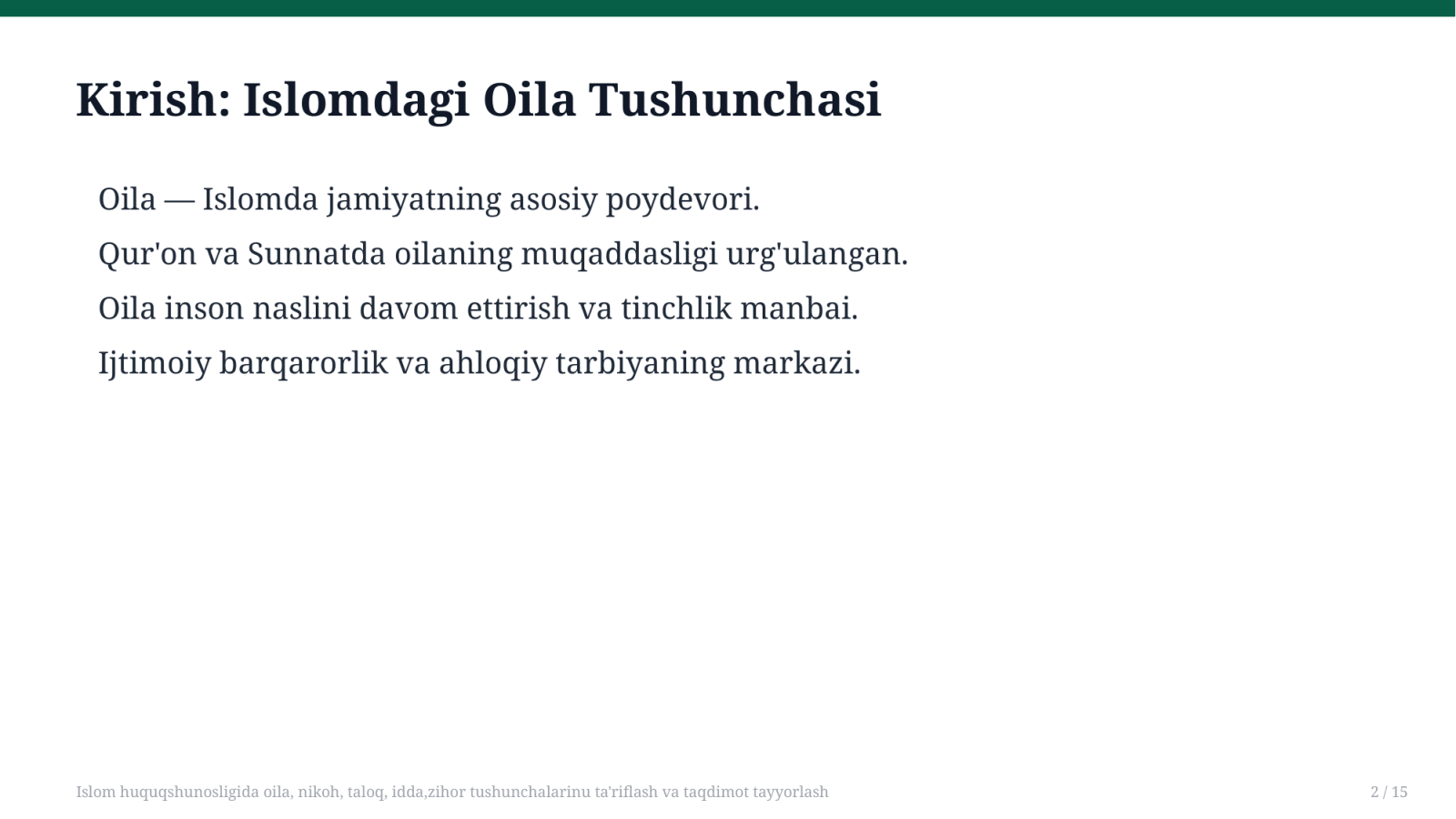 Islom huquqshunosligida oila, nikoh, taloq, idda,zihor tushunchalarinu ta'riflash va taqdimot tayyorlash — Slayd 2