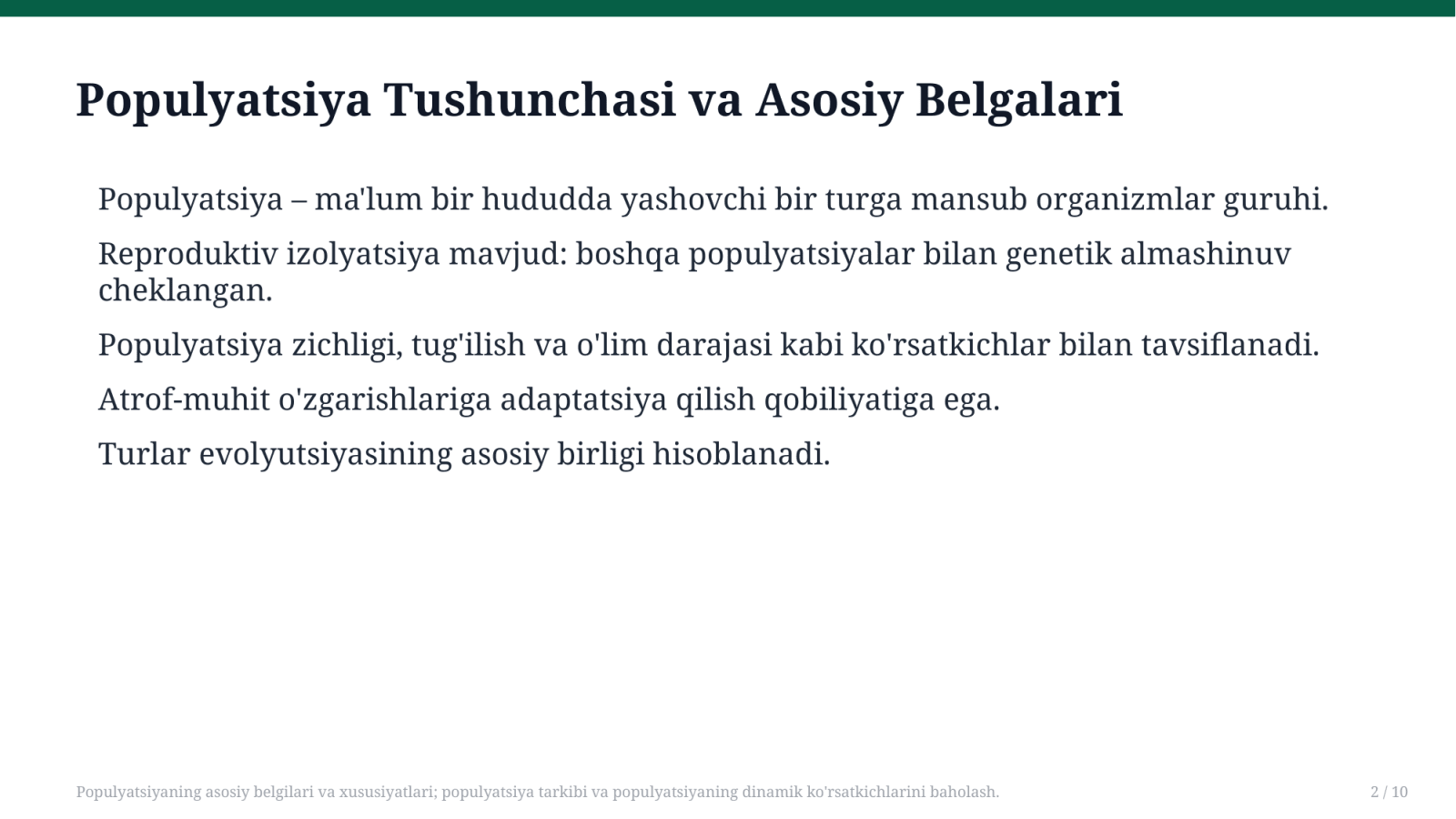 Populyatsiyaning asosiy belgilari va xususiyatlari; populyatsiya tarkibi va populyatsiyaning dinamik ko'rsatkichlarini baholash. — Slayd 2