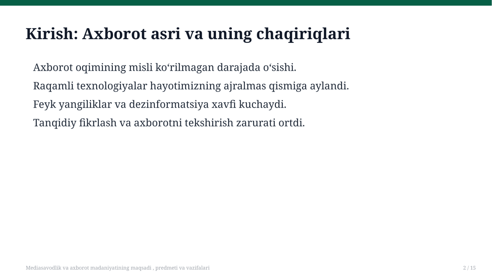 Mediasavodlik va axborot madaniyatining maqsadi , predmeti va vazifalari — Slayd 2