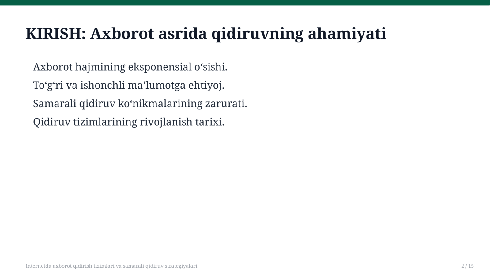 Internetda axborot qidirish tizimlari va samarali qidiruv strategiyalari — Slayd 2
