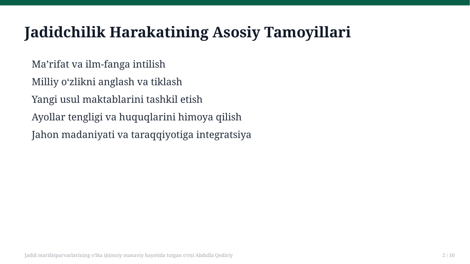 Jadid marifatparvarlarining o’lka ijtimoiy manaviy hayotida tutgan o’rni Abdulla Qodiriy — Slayd 2