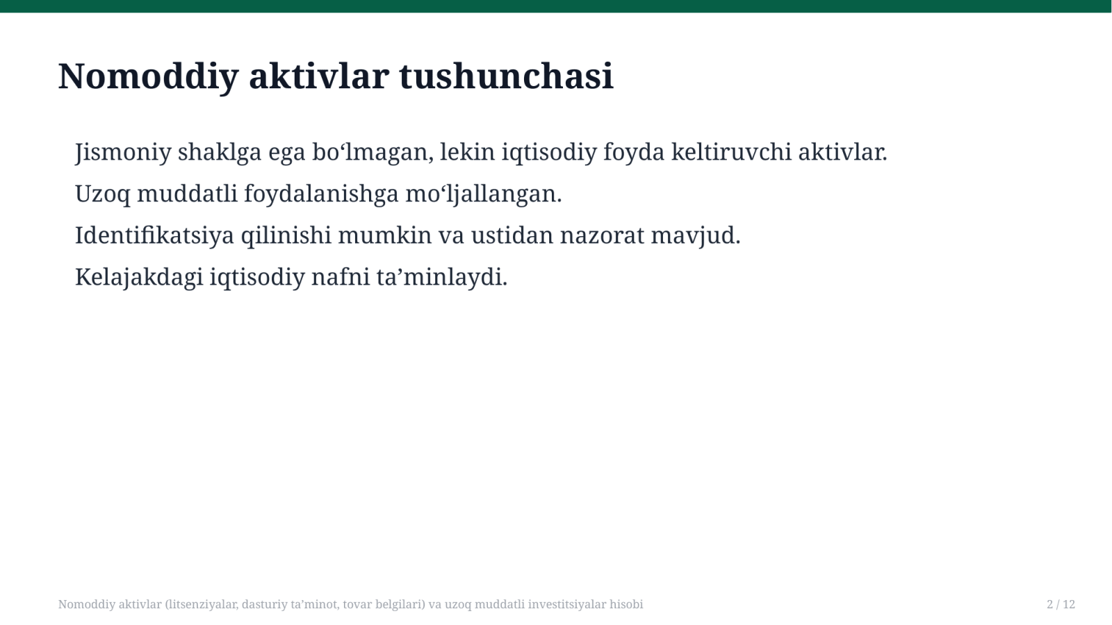 Nomoddiy aktivlar (litsenziyalar, dasturiy ta’minot, tovar belgilari) va uzoq muddatli investitsiyalar hisobi — Slayd 2