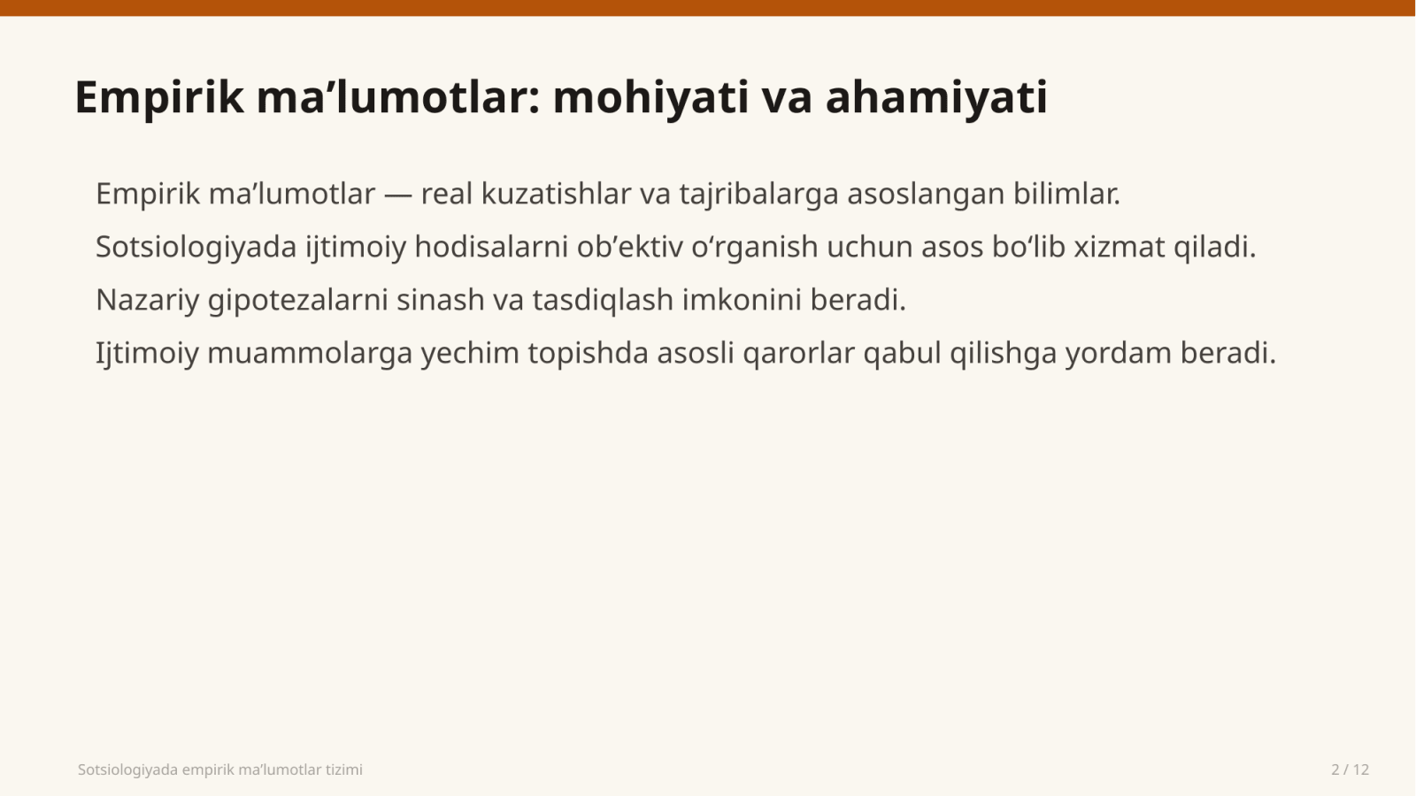 Sotsiologiyada empirik ma'lumotlar tizimi — Slayd 2