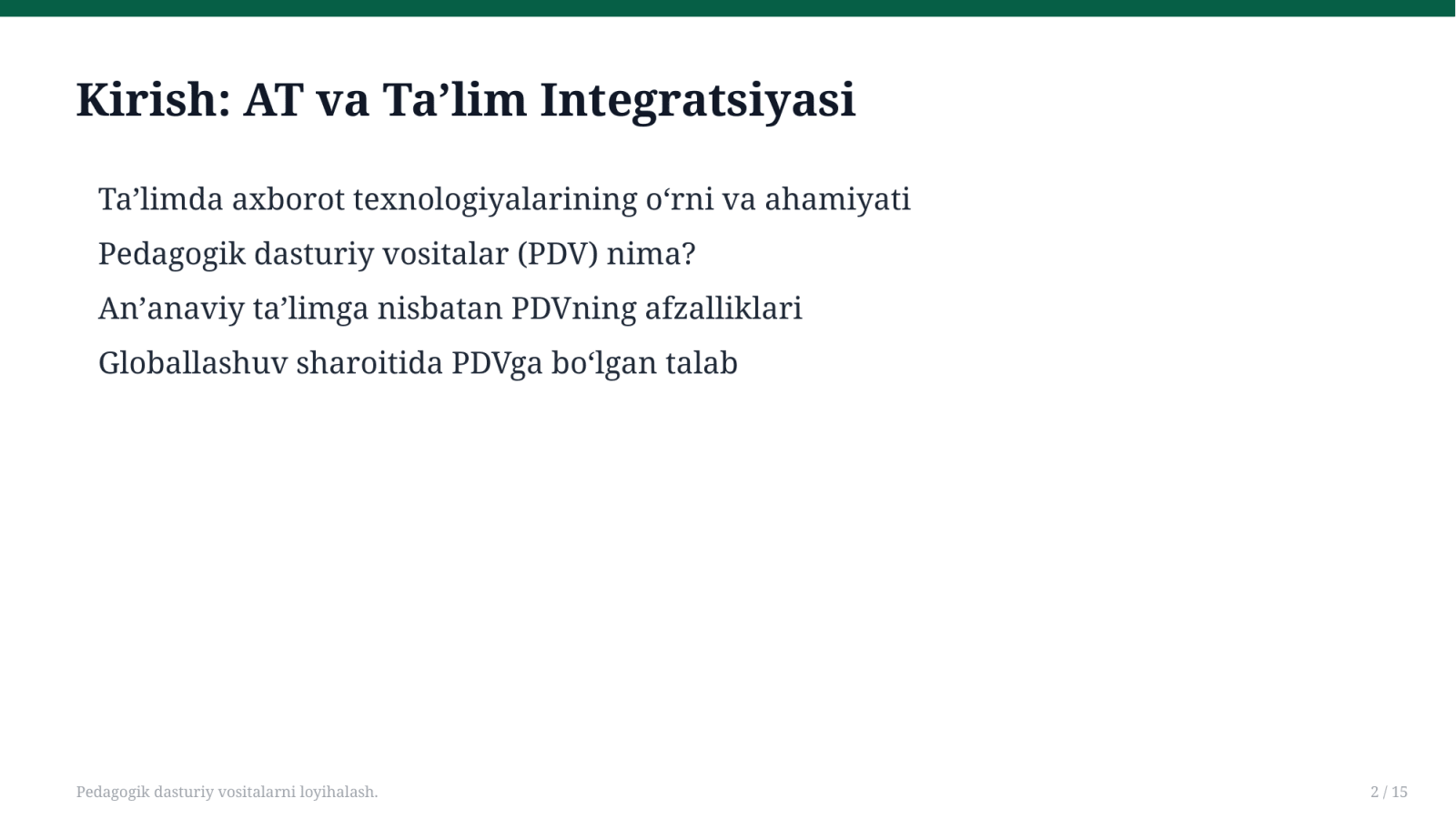 Pedagogik dasturiy vositalarni loyihalash. — Slayd 2
