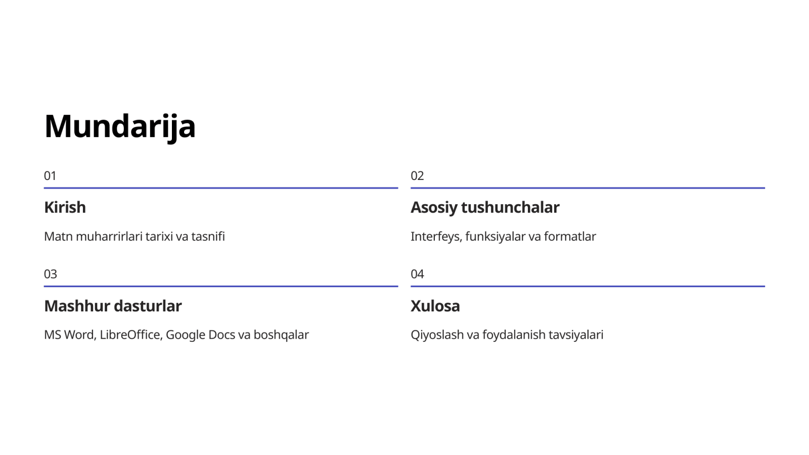 Matn muharrirlari va protsessorlari. Matnli hujjatlarni yaratish, tahrirlash va formatlash. — Slayd 2