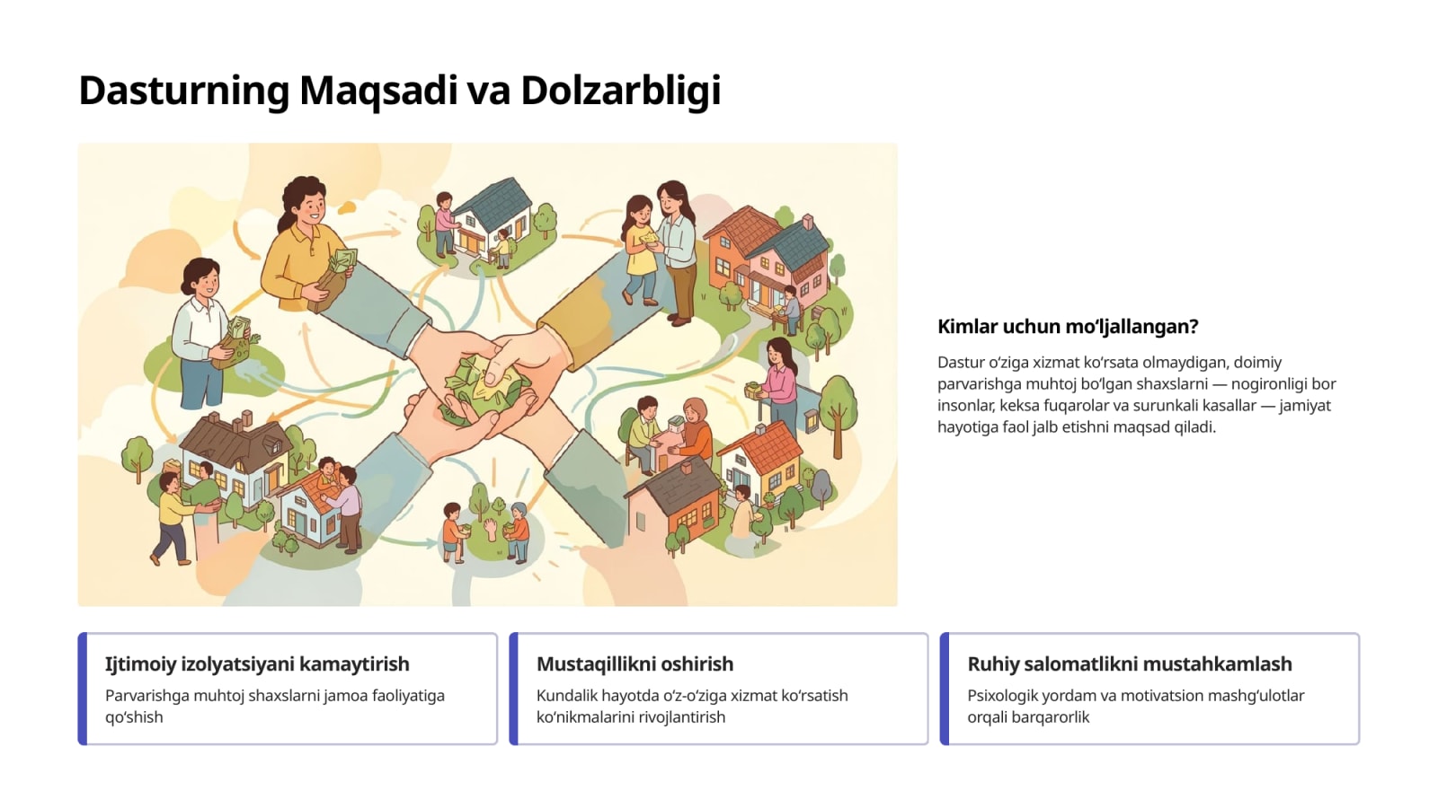 Ozgalar parvarishiga muhtoj shaxslar uchun Faol hayotga qadam dasturi — Slayd 2