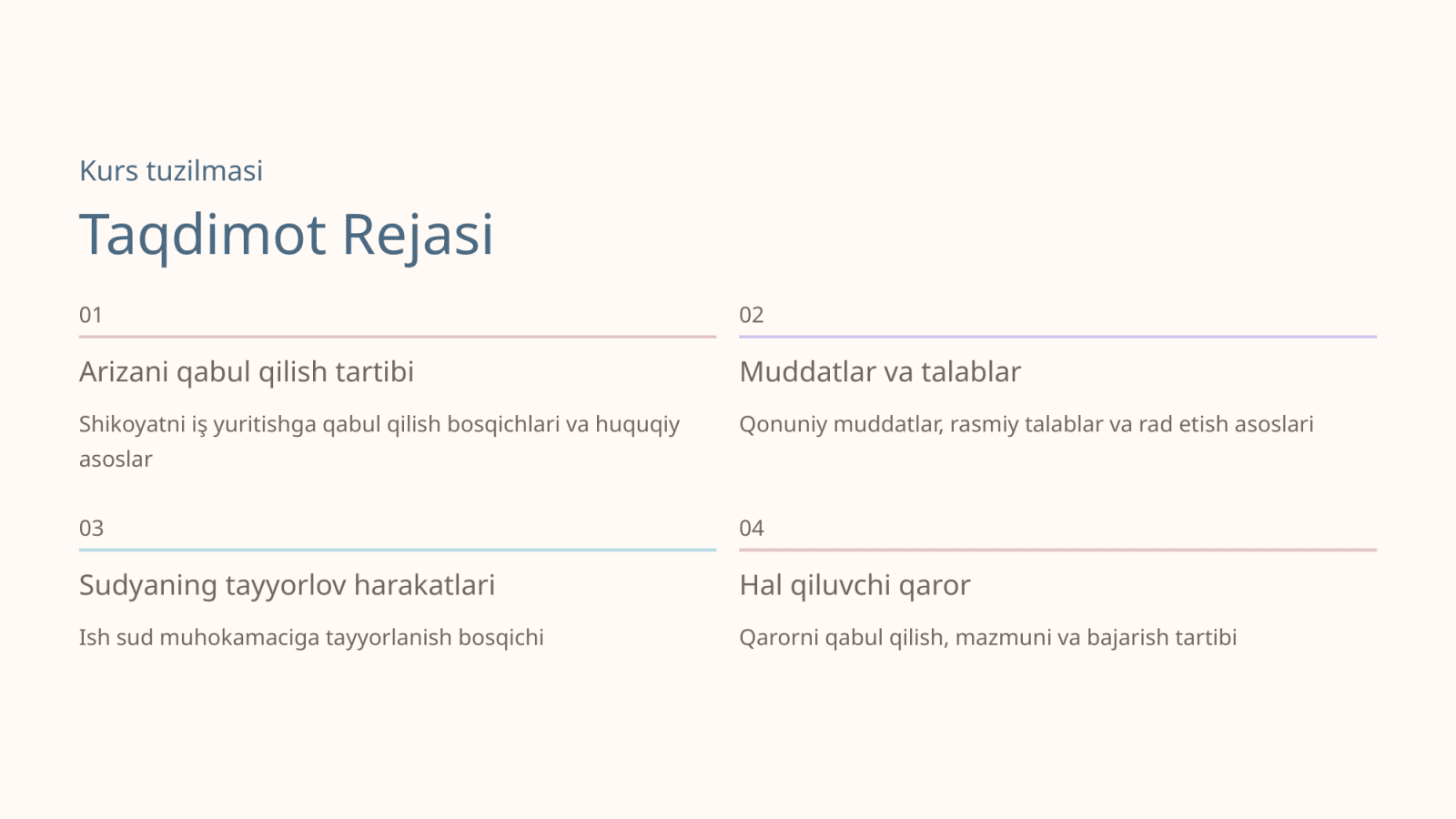 Аризани (шикоятни) иш юритишга қабул қилиш тўғрисидаги масалани хал этиш тартиби ва муддатлари.  Судьянинг ишни суд муҳокамасига тайёрлаш бўйича ҳаракатлари Суднинг хал қилув қарори. Хал қилув қарорини қабул қилиш чоғида хал этиладиган масалалар. — Slayd 2