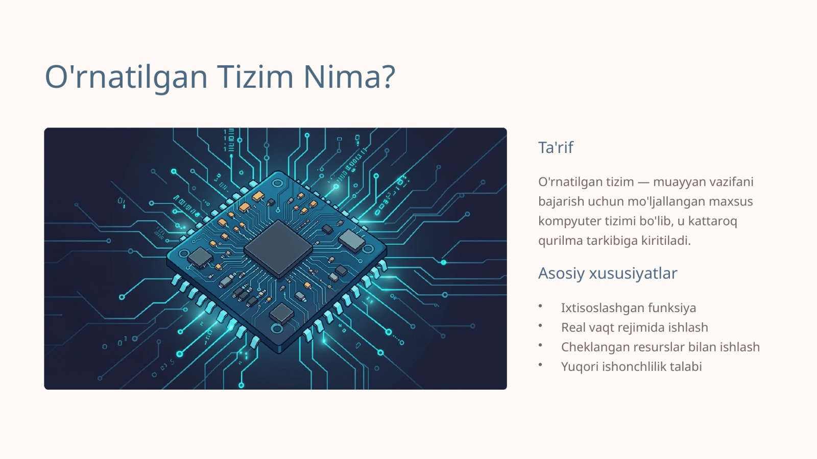 O‘rnatilgan tizimlarning asosiy ko‘rsatkichlari va texnik xususiyatlarini tahlil qilish — Slayd 2