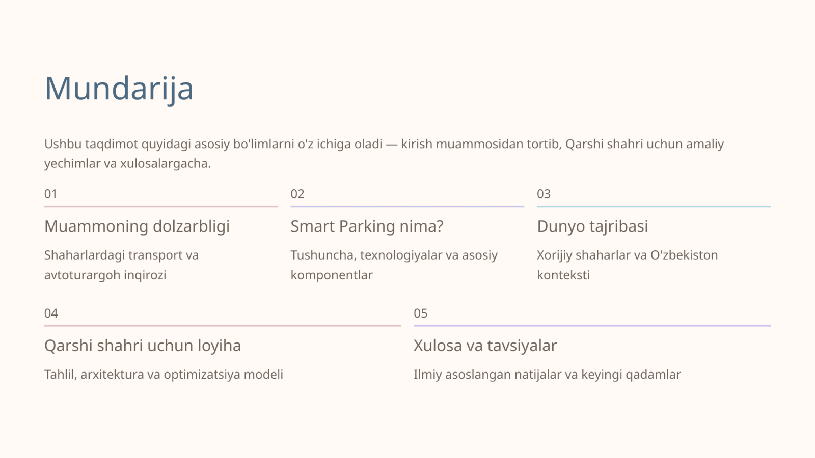 Shaharlarda "Smart Parking" tizimini loyihalash va optimallashtirishning ilmiy asoslari. — Slayd 2