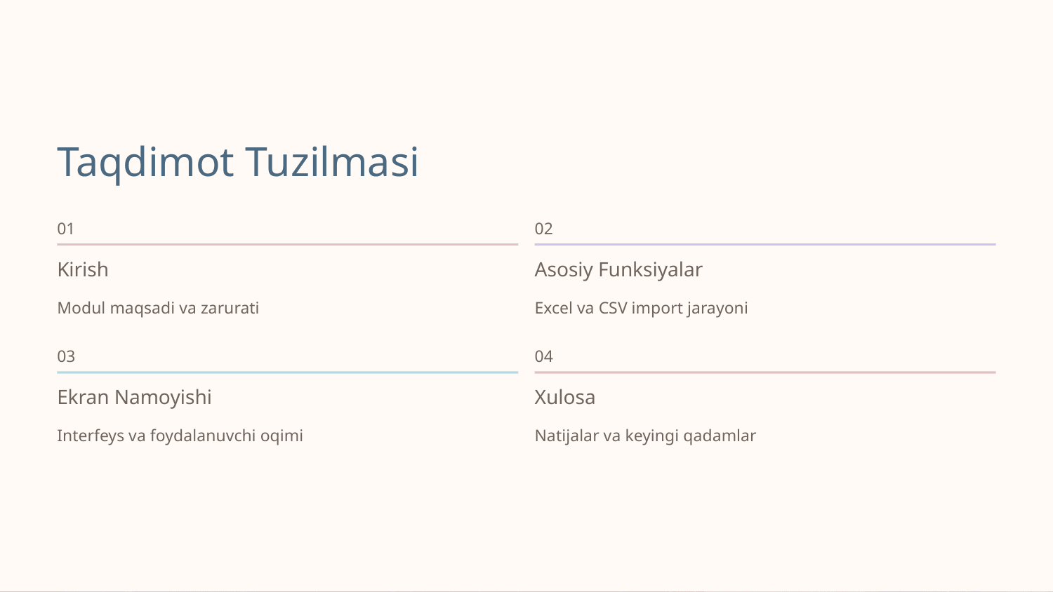 Maʼlumotlarni import (Excel SCV) moduli ekranida modulning asosiy funktsiyalari namoyish etish — Slayd 2