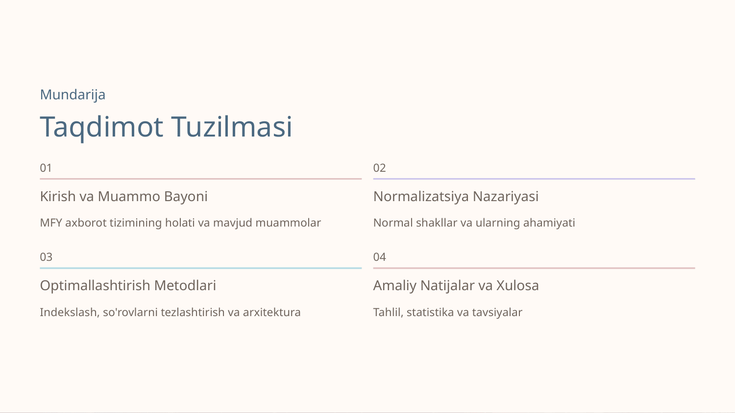 MFY axborot tizimida ma'lumotlar bazasini normallashtirish va optimallashtirish — Slayd 2
