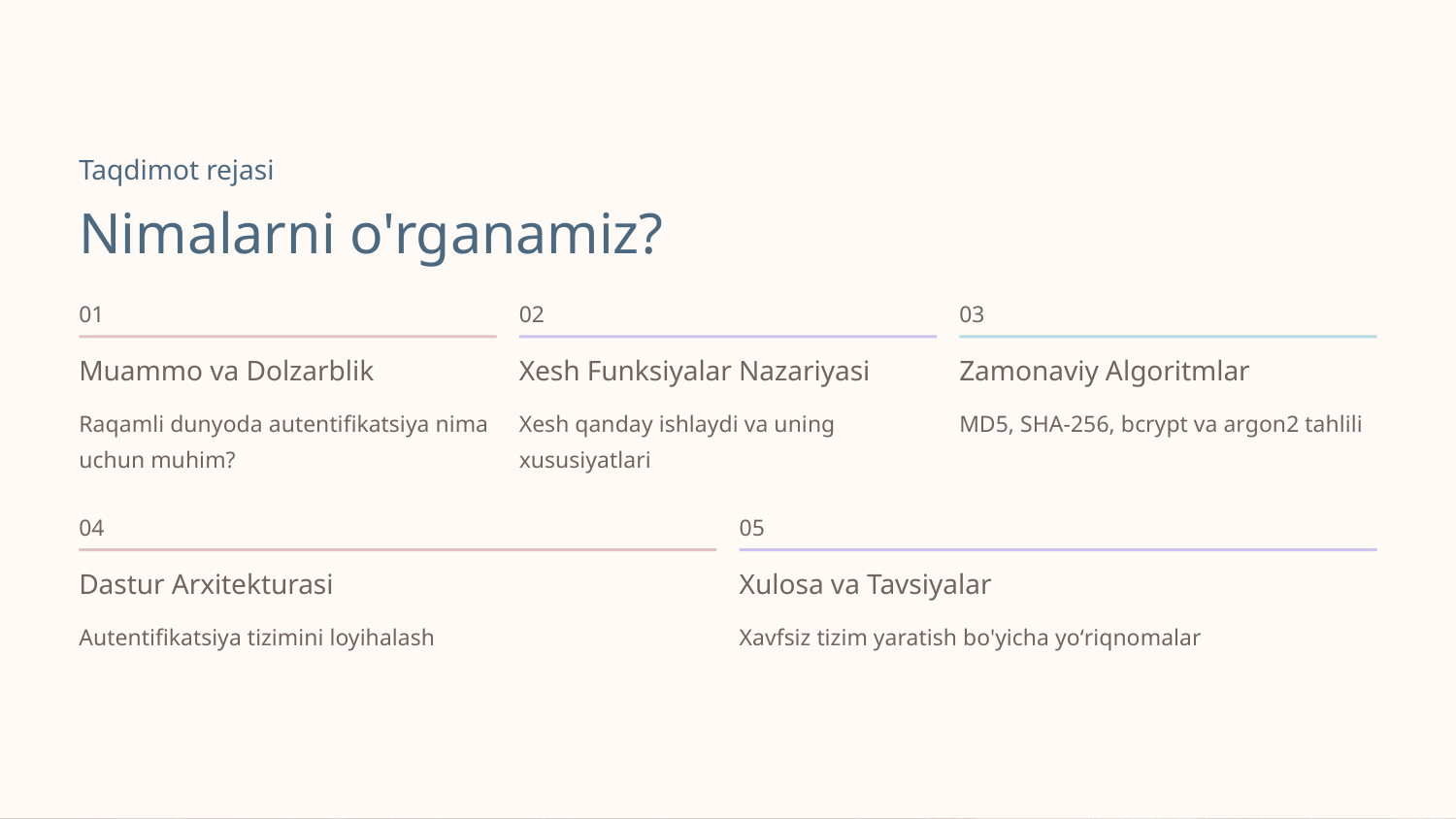 Xesh funksiyalardan foydalangan holda foydalanuvchilarni autentifikatsiyadan o‘tkazish uchun dastur ishlab chiqish — Slayd 2