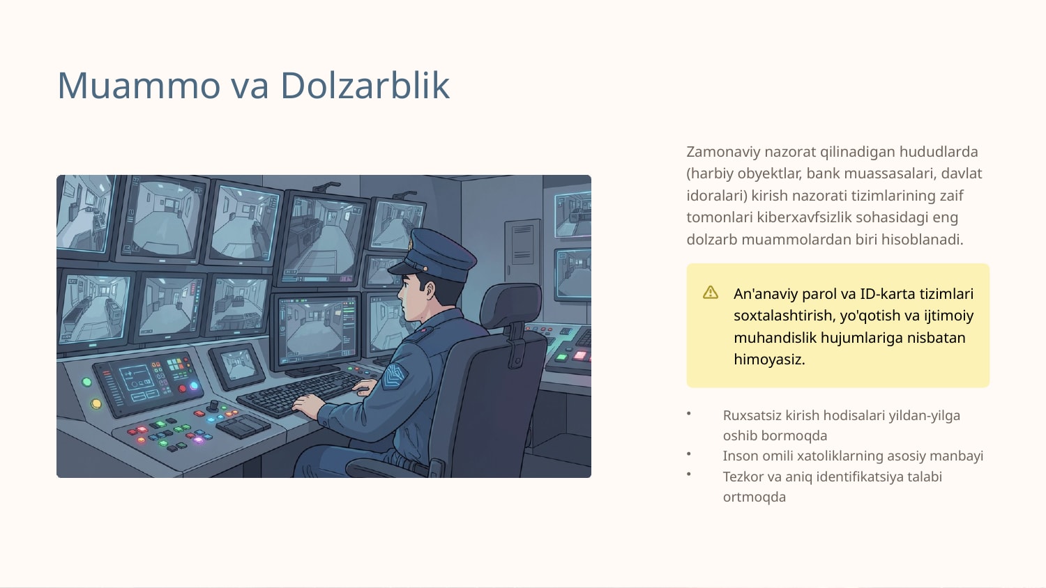 Nazorat qilinadigan hududlarda xavfsizlikni taminlash uchun dastur yaratish (Neyron tarmoqlar asosidagi biometrik identifikatsiyalash tizimi) — Slayd 2