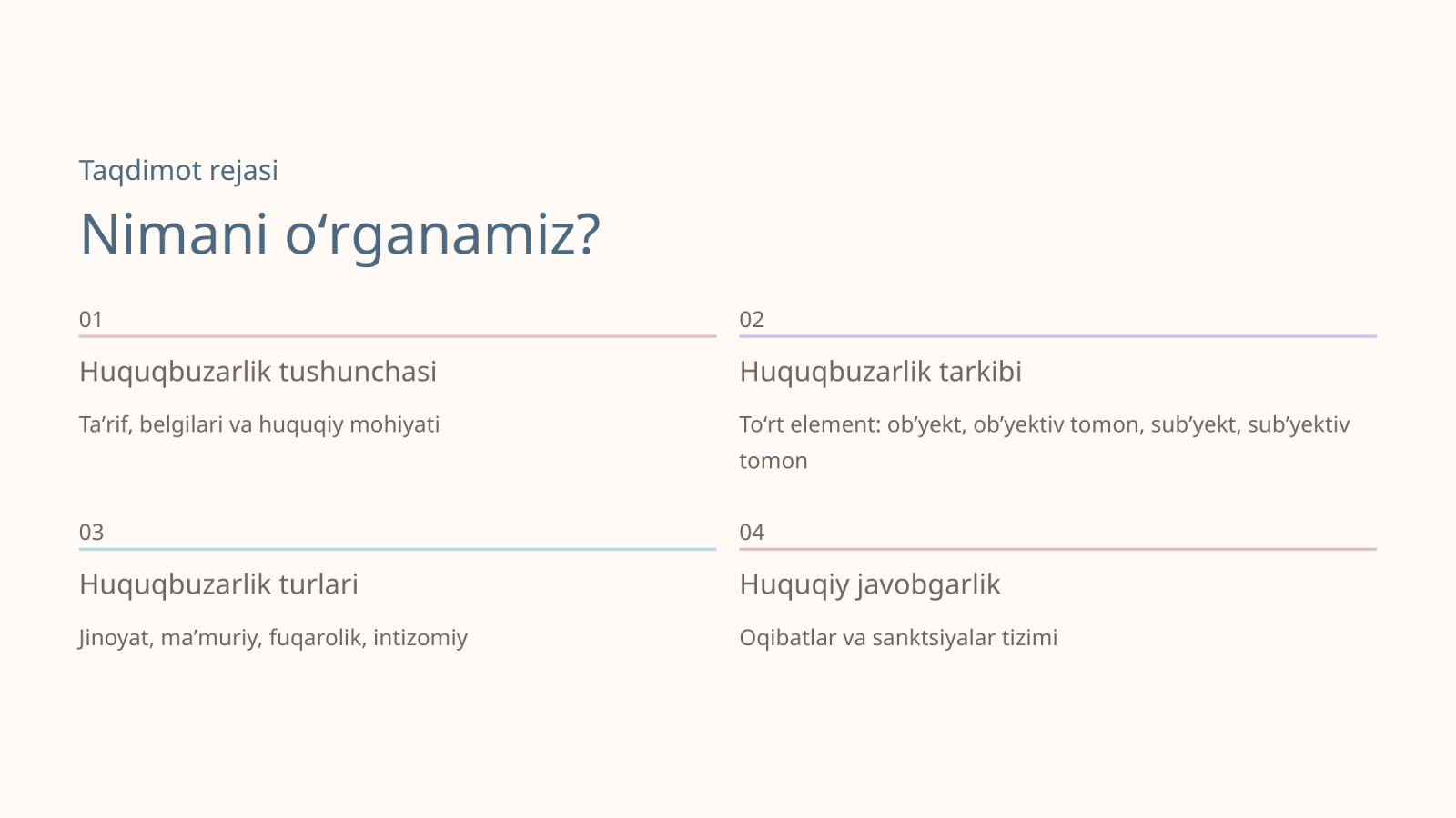 Huquqbuzarlik tushunchasi va huquqbuzarlik turlari — Slayd 2
