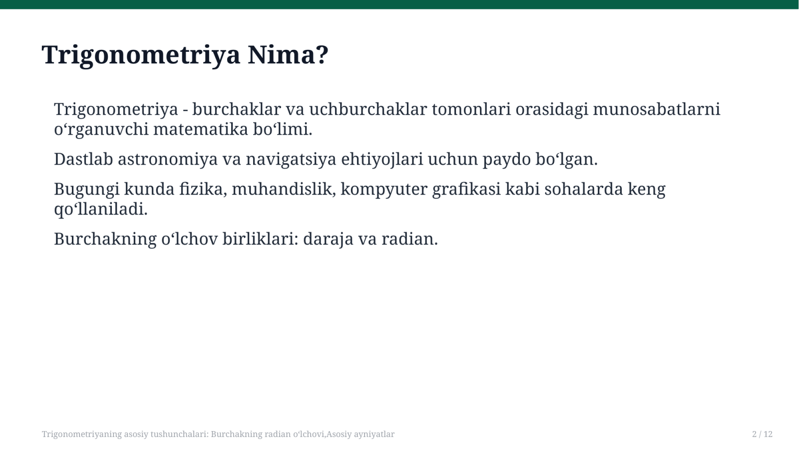 Trigonometriyaning asosiy tushunchalari: Burchakning radian oʻlchovi,Asosiy ayniyatlar — Slayd 2